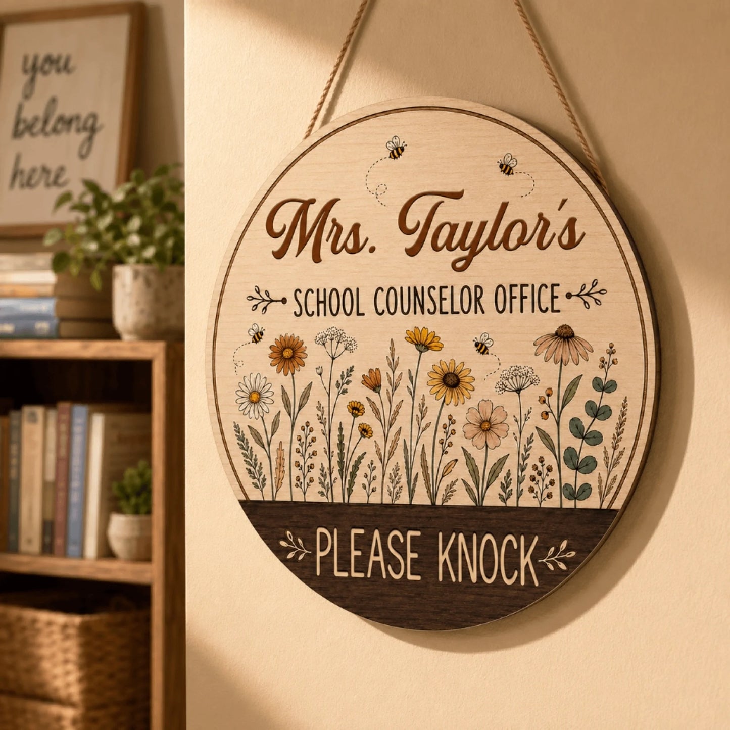 Hanging wooden sign for school counselor office featuring a custom name and wildflower art for teacher appreciation.