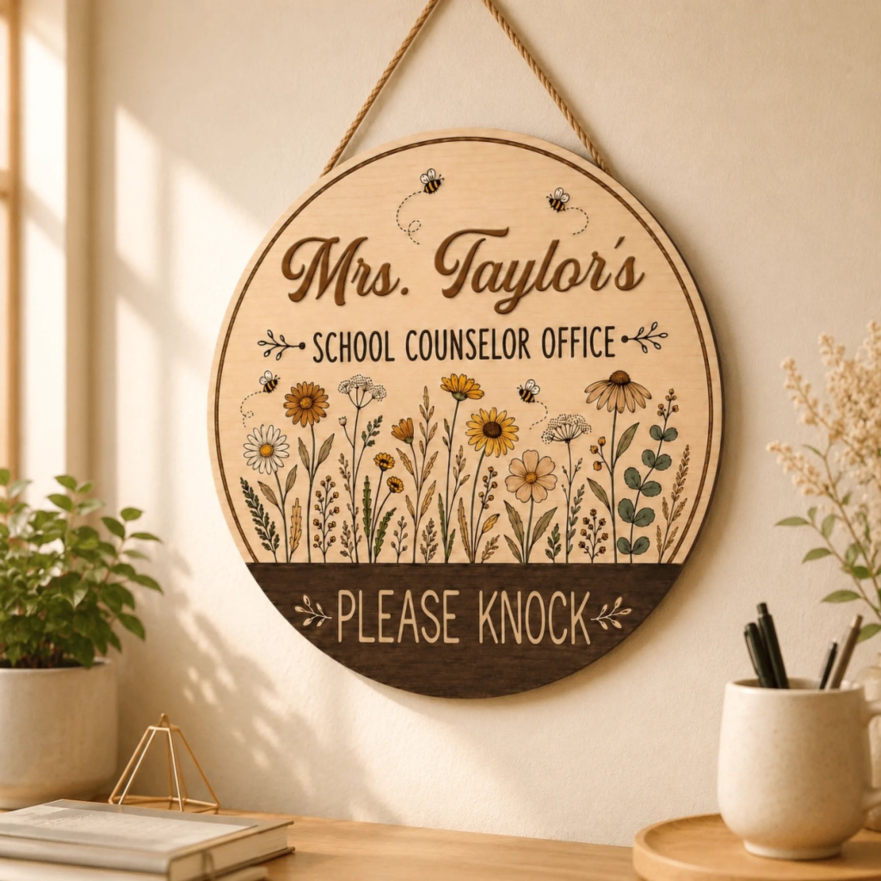Round wooden sign for a school counselor office personalized with Mrs Taylors name and floral bee art please knock