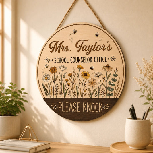 Round wooden sign for a school counselor office personalized with Mrs Taylors name and floral bee art please knock