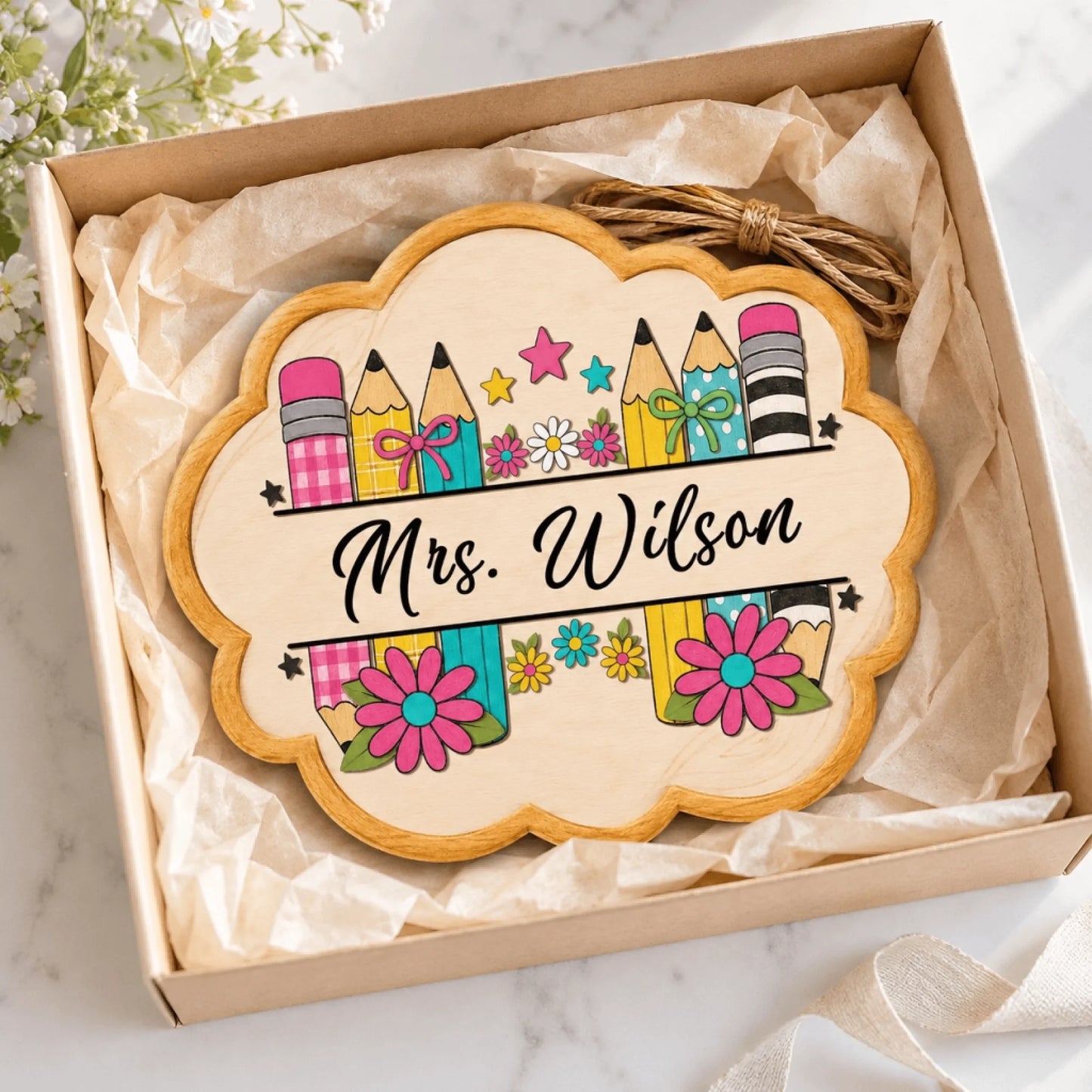 Personalized wooden sign for teachers featuring pencils and flowers packaged in a gift box for teacher appreciation.