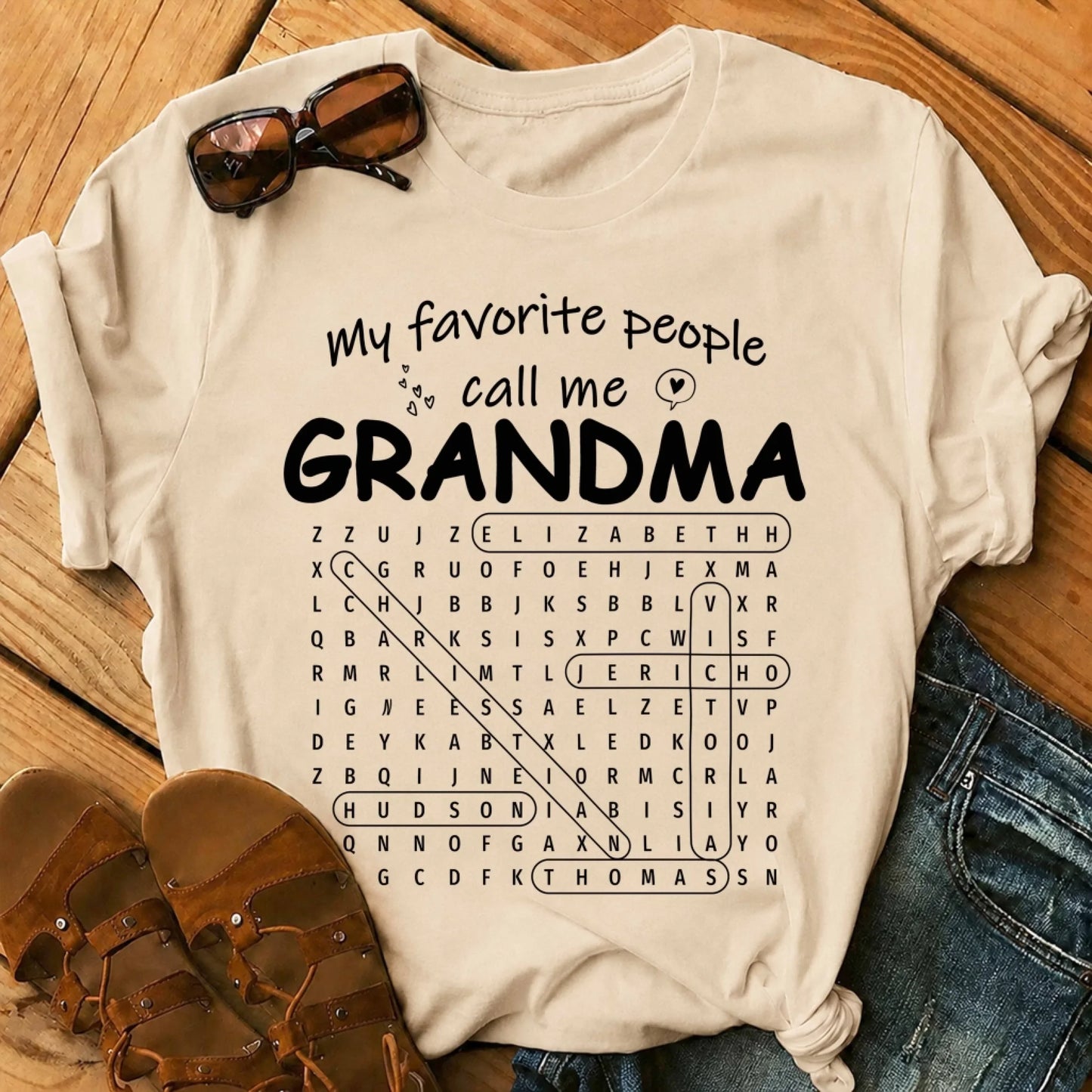 Personalized Grandma word search T-shirt featuring custom family member names, perfect gift for Mother's Day or birthdays.