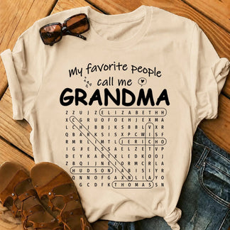 Personalized Grandma word search T-shirt featuring custom family member names, perfect gift for Mother's Day or birthdays.