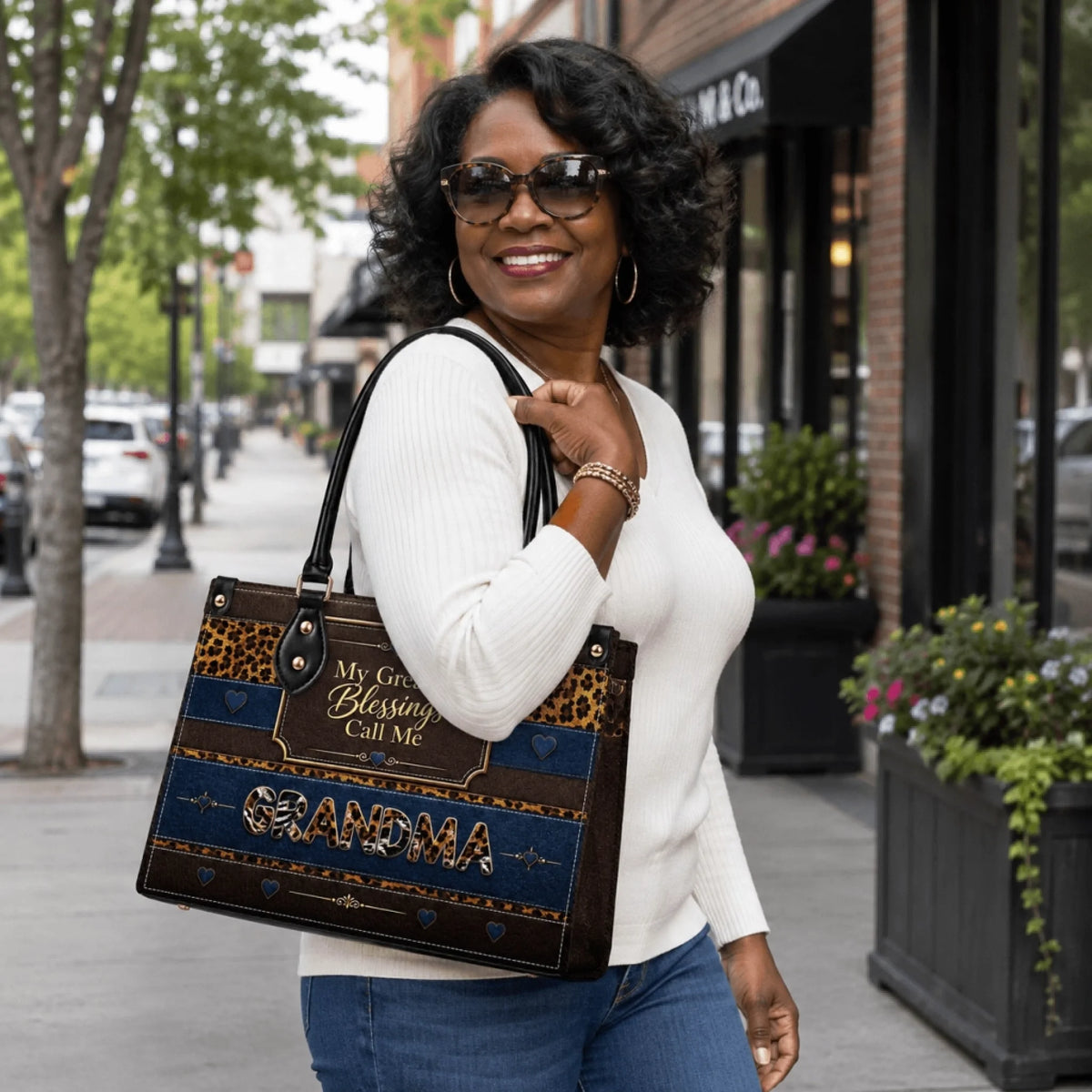 Personalized leopard print tote bag featuring the quote My Greatest Blessings Call Me Grandma for stylish mothers.