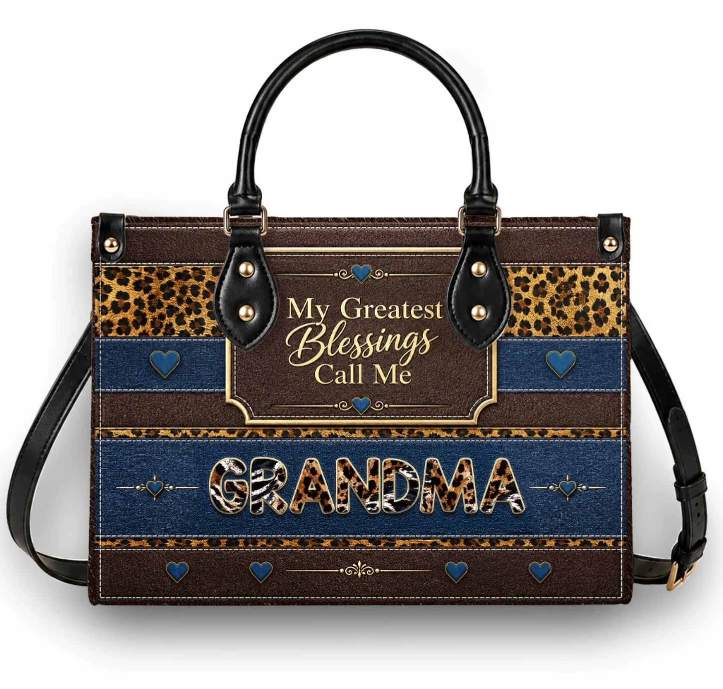 Personalized Grandma handbag featuring leopard print stripes denim accents and the My Greatest Blessings Call Me quote.