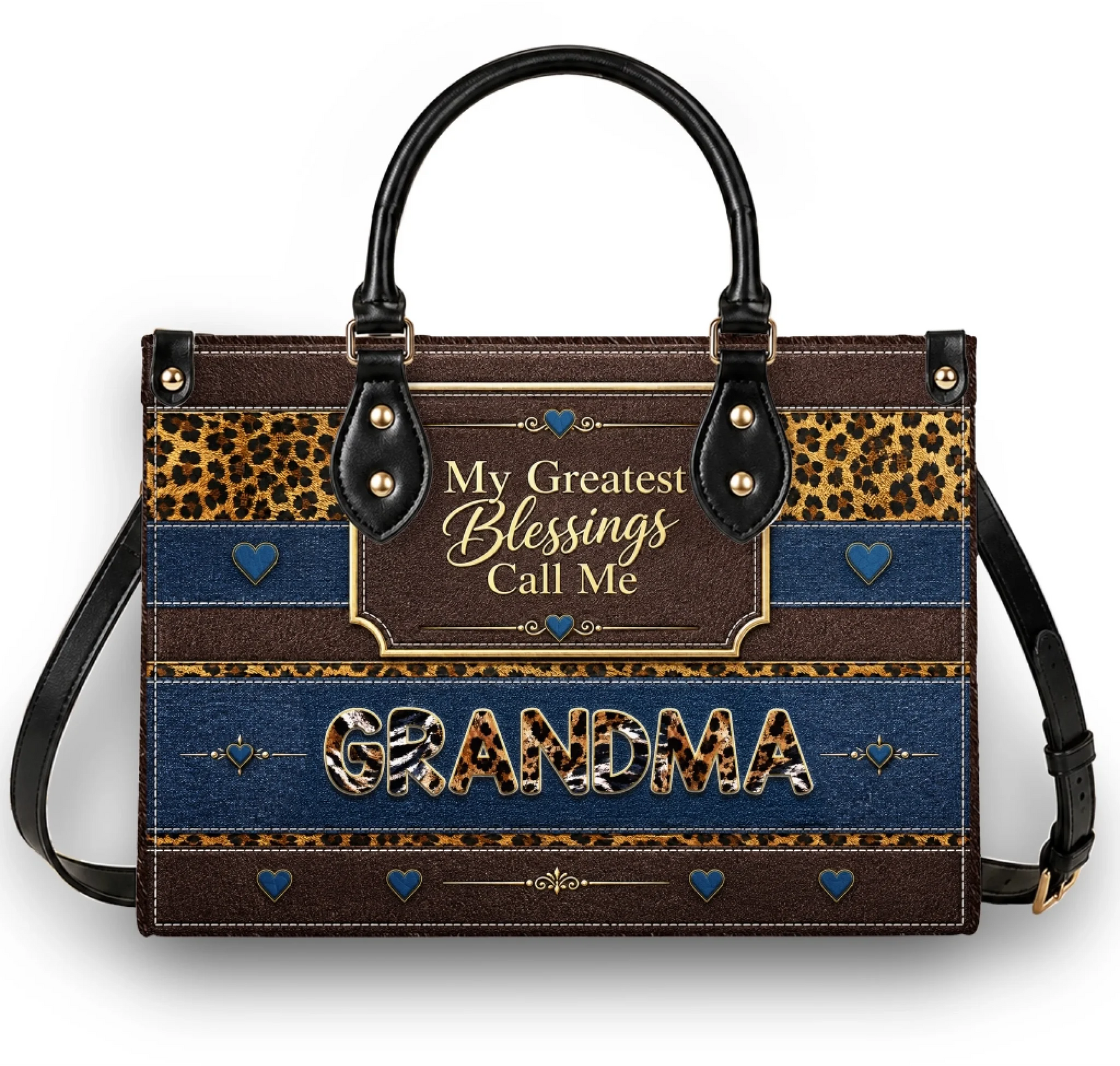 Personalized Grandma handbag featuring leopard print stripes denim accents and the My Greatest Blessings Call Me quote.