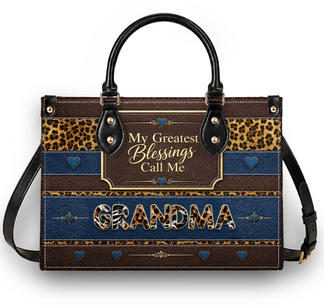 Personalized Grandma handbag featuring leopard print stripes denim accents and the My Greatest Blessings Call Me quote.