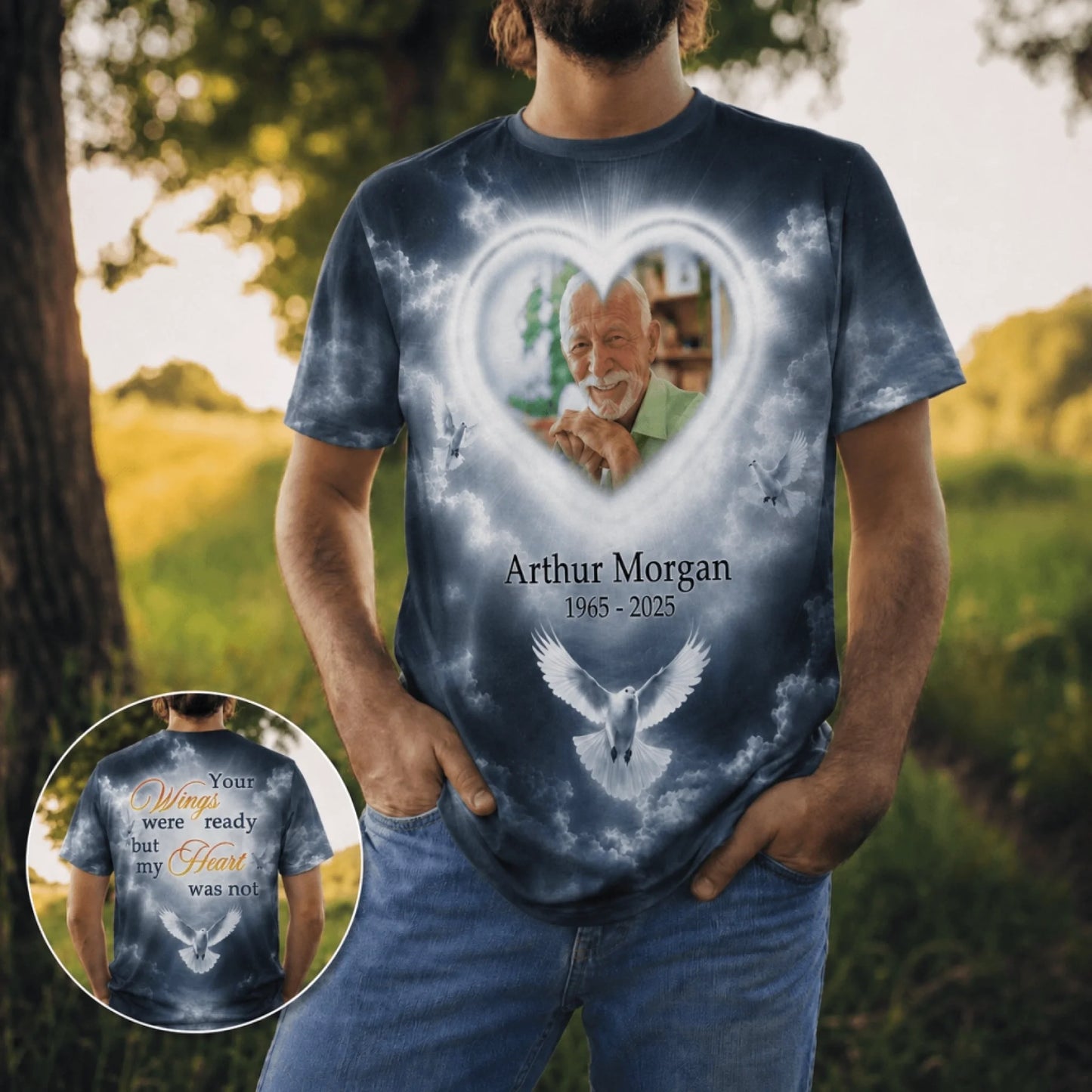 Custom navy memorial t-shirt with dove graphic, heart photo frame, and heartfelt message for loss of a loved one.