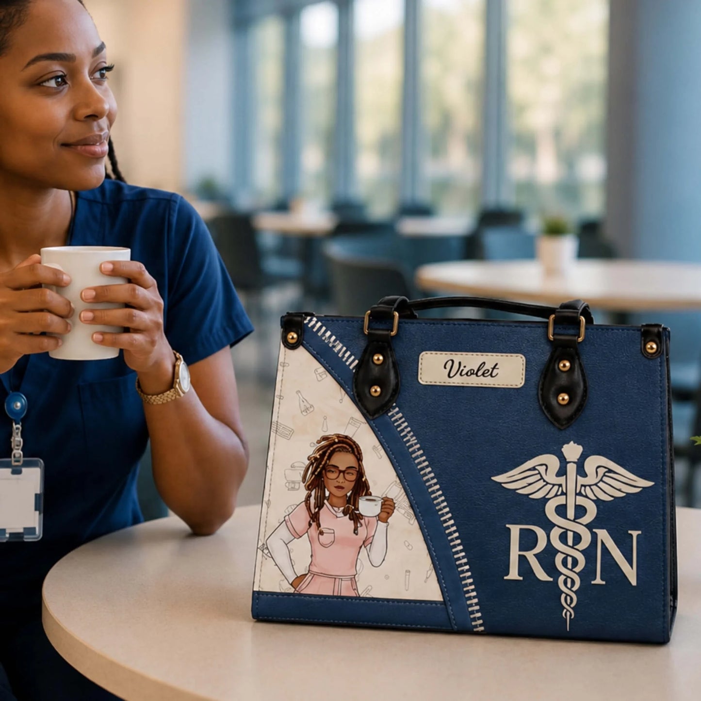 Registered nurse holding a coffee cup next to a personalized Violet handbag featuring an RN caduceus logo.