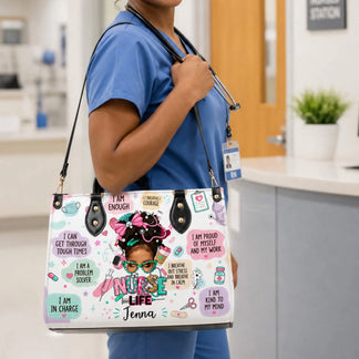 Nurse wearing blue scrubs carrying a custom nurse life tote bag with motivational quotes and stethoscope accessories