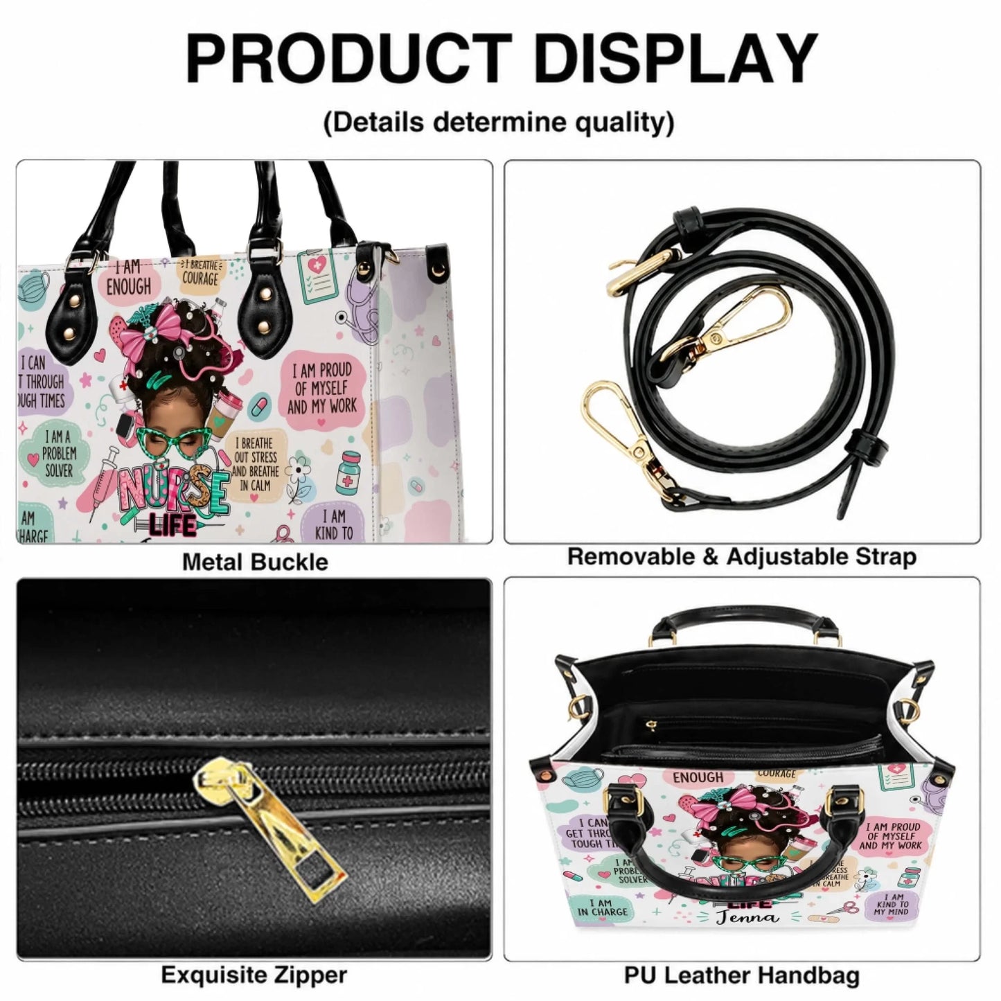 Details of a nurse life tote bag including metal buckle adjustable shoulder strap and zipper closure features