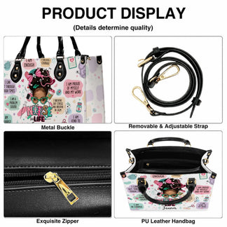Details of a nurse life tote bag including metal buckle adjustable shoulder strap and zipper closure features