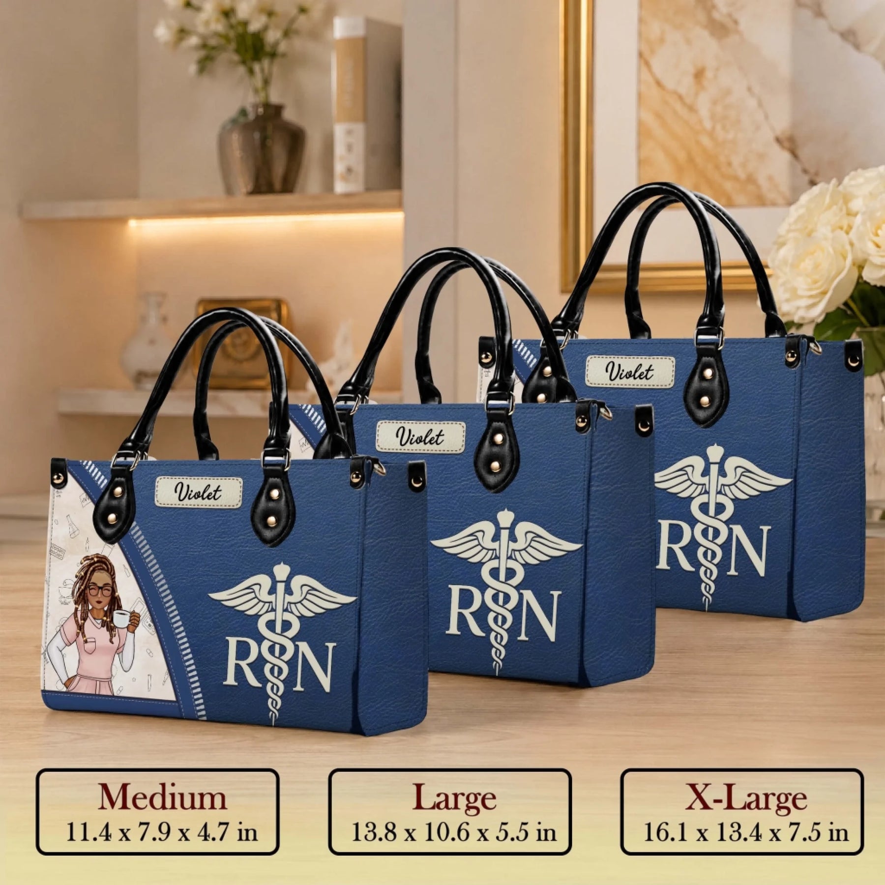 Three different sizes of personalized nurse tote bags ranging from medium to extra large for nursing school gifts.