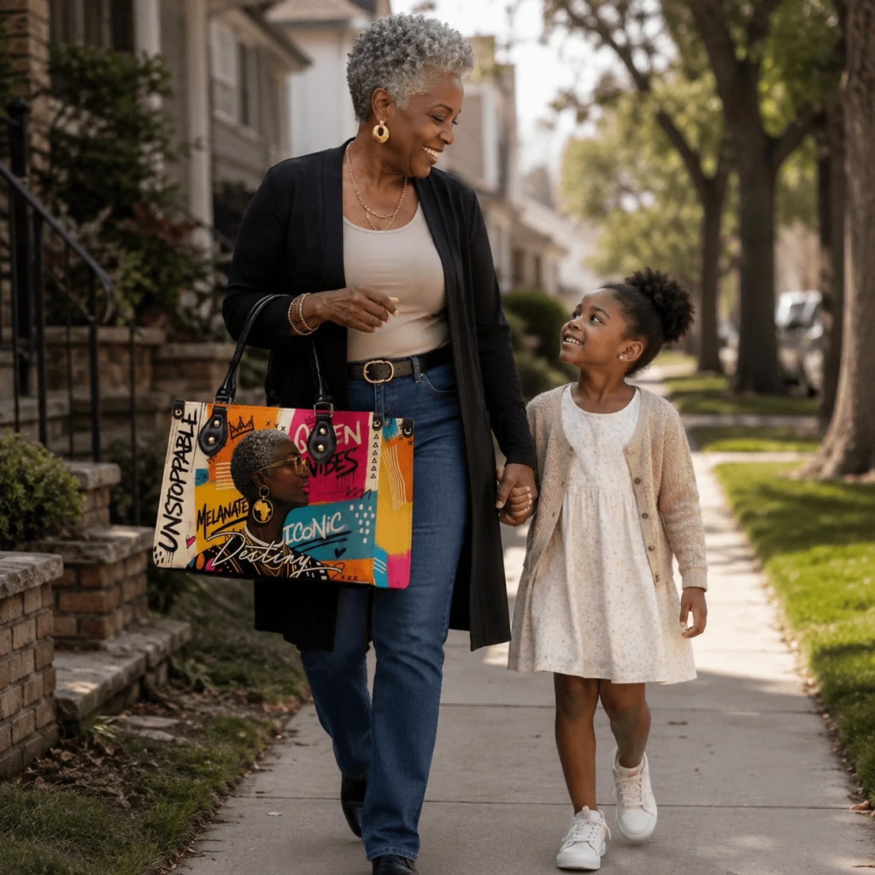 A sophisticated grandmother walking with her granddaughter while carrying a custom artistic handbag with empowering text.