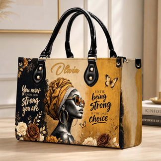 Elegant custom name handbag with inspirational message for women floral accent and black leather handles