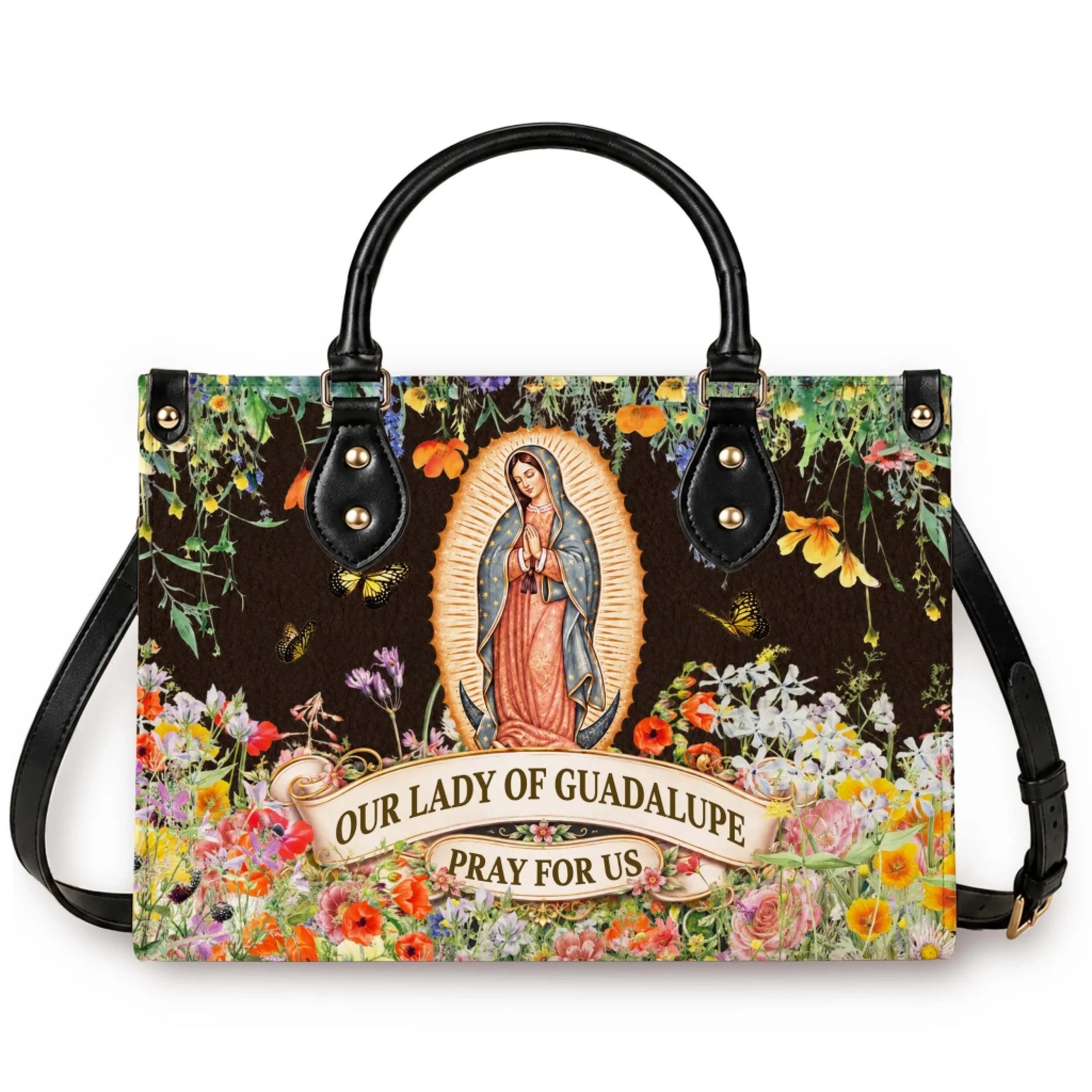 This religious tote bag features Our Lady of Guadalupe surrounded by vibrant wildflowers and butterflies for daily use.