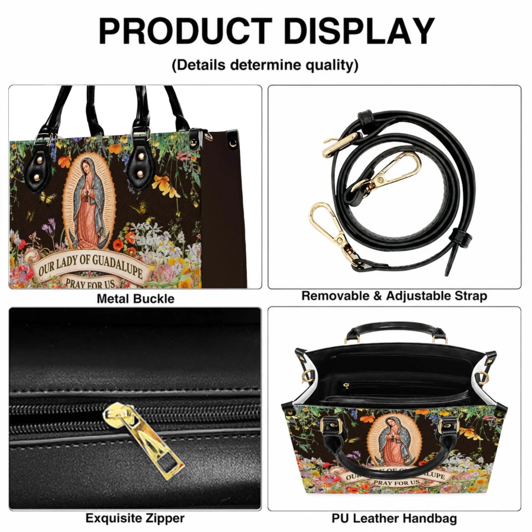 Details of the Our Lady of Guadalupe PU leather handbag including its metal buckle, adjustable strap, and durable zipper.