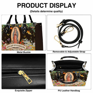 Details of the Our Lady of Guadalupe PU leather handbag including its metal buckle, adjustable strap, and durable zipper.