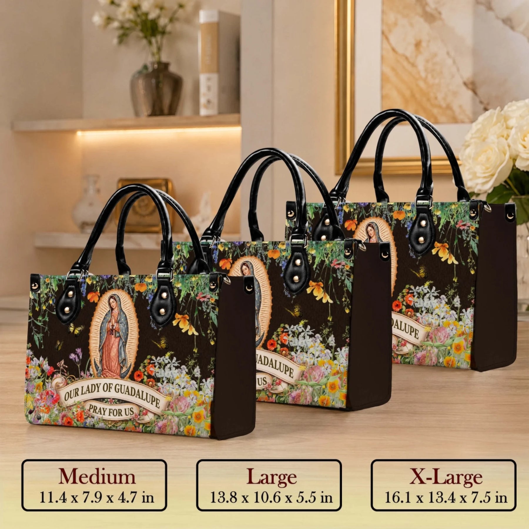 Three sizes of the Our Lady of Guadalupe handbag shown side by side including medium, large, and extra large dimensions.