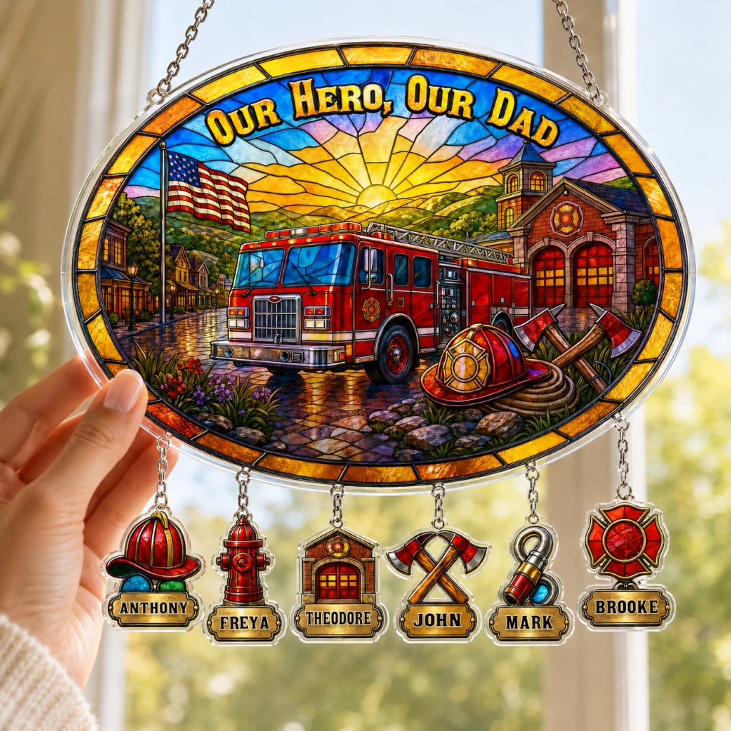 Our Hero Our Dad personalized suncatcher with firefighter design