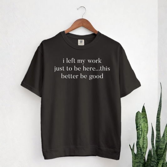 Black t-shirt with humorous text on a hanger against a white background