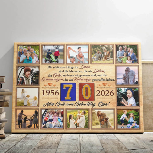 Personalisierte Fotocollage auf Leinwand für Opa zum 70. Geburtstag mit zwölf Fotos, Jahreszahlen 1956 bis 2026 und deutschem Spruch.