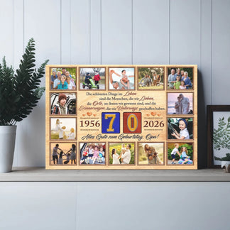 Personalisierte Fotocollage auf Leinwand zum 70. Geburtstag für Opa mit Familienfotos, Jahreszahlen 1956 bis 2026 und liebevollem Spruch.
