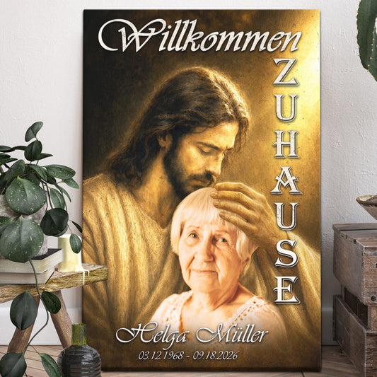 Personalisierte Leinwand fuer Gedenkfeier mit Jesus Motiv und Name Helga Mueller zur Erinnerung an den Verlust