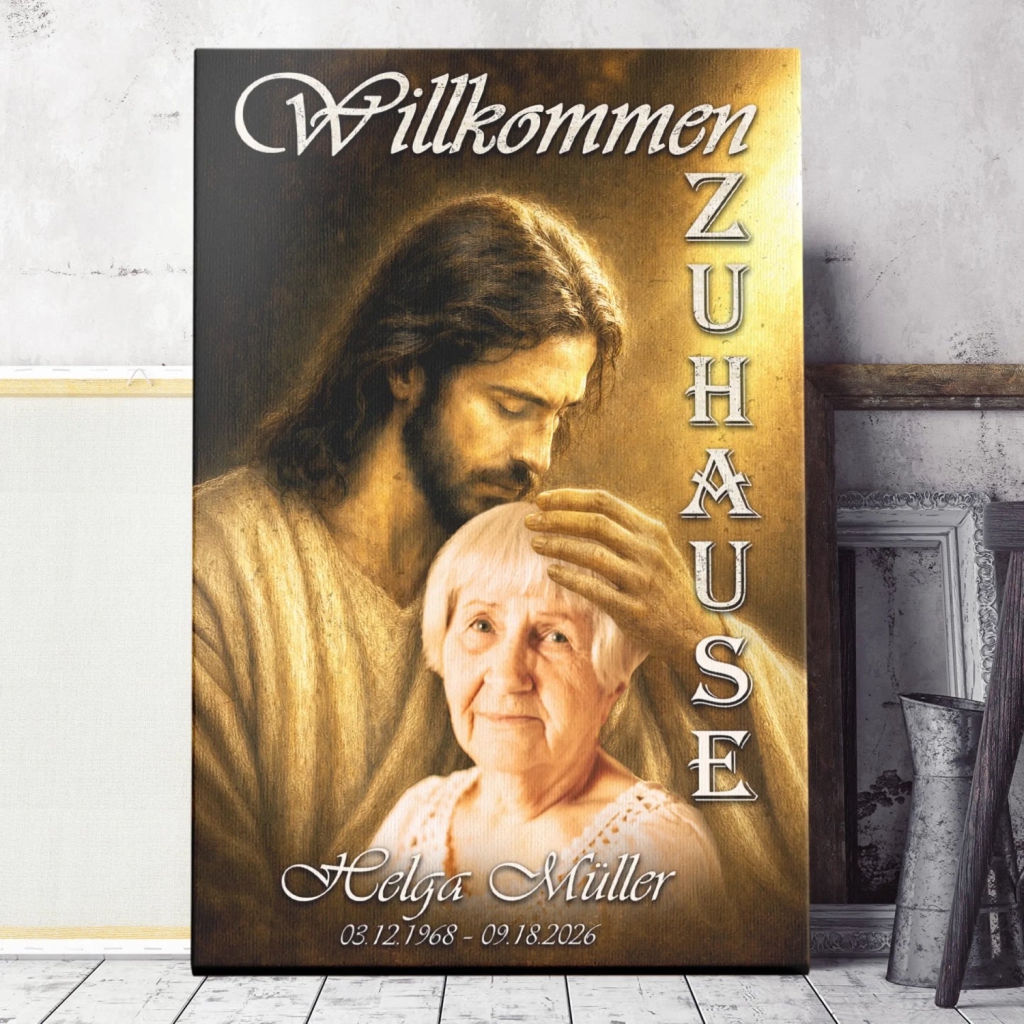 Personalisierte Leinwand fuer Trauerfall mit Motiv von Jesus und Name sowie Lebensdaten von Helga Mueller.