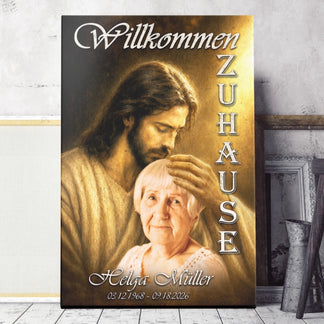 Personalisierte Leinwand fuer Trauerfall mit Motiv von Jesus und Name sowie Lebensdaten von Helga Mueller.