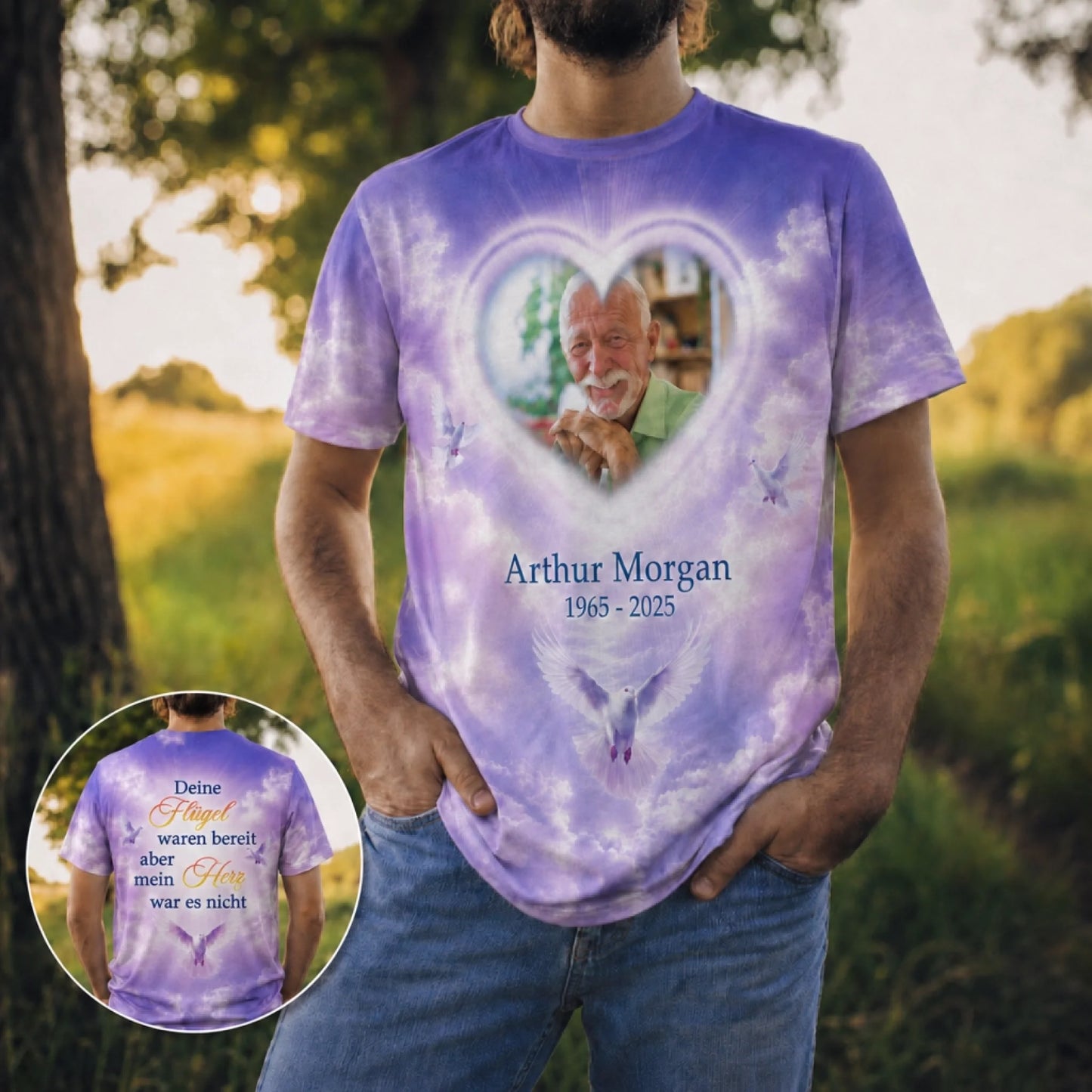 Personalisiertes Gedenk T-Shirt in Lila mit Foto von Arthur Morgan, Herz Motiv und Spruch Deine Fluegel waren bereit