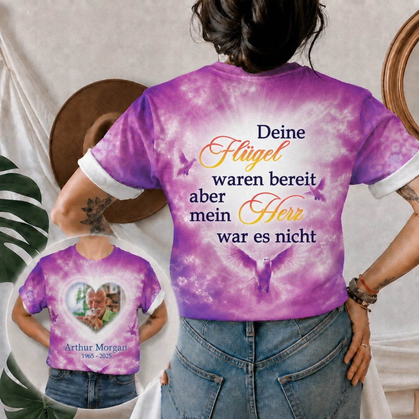 Personalisiertes Gedenk T-Shirt in Lila mit Foto von Arthur Morgan und dem Trauerspruch Deine Fluegel waren bereit