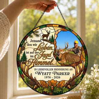 Personalisierter Sonnenfaenger mit Foto eines Jagers als Gedenkgeschenk fuer Verstorbene im Jagd Thema.