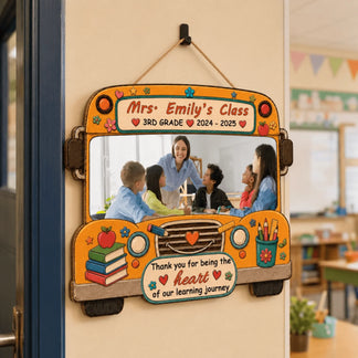 Personalized wooden school bus wall hanging for 3rd grade teachers with custom classroom photo and appreciation message.