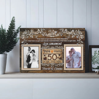 Custom 50 years together anniversary canvas wall art with two photo frames and rustic wood floral design for parents.