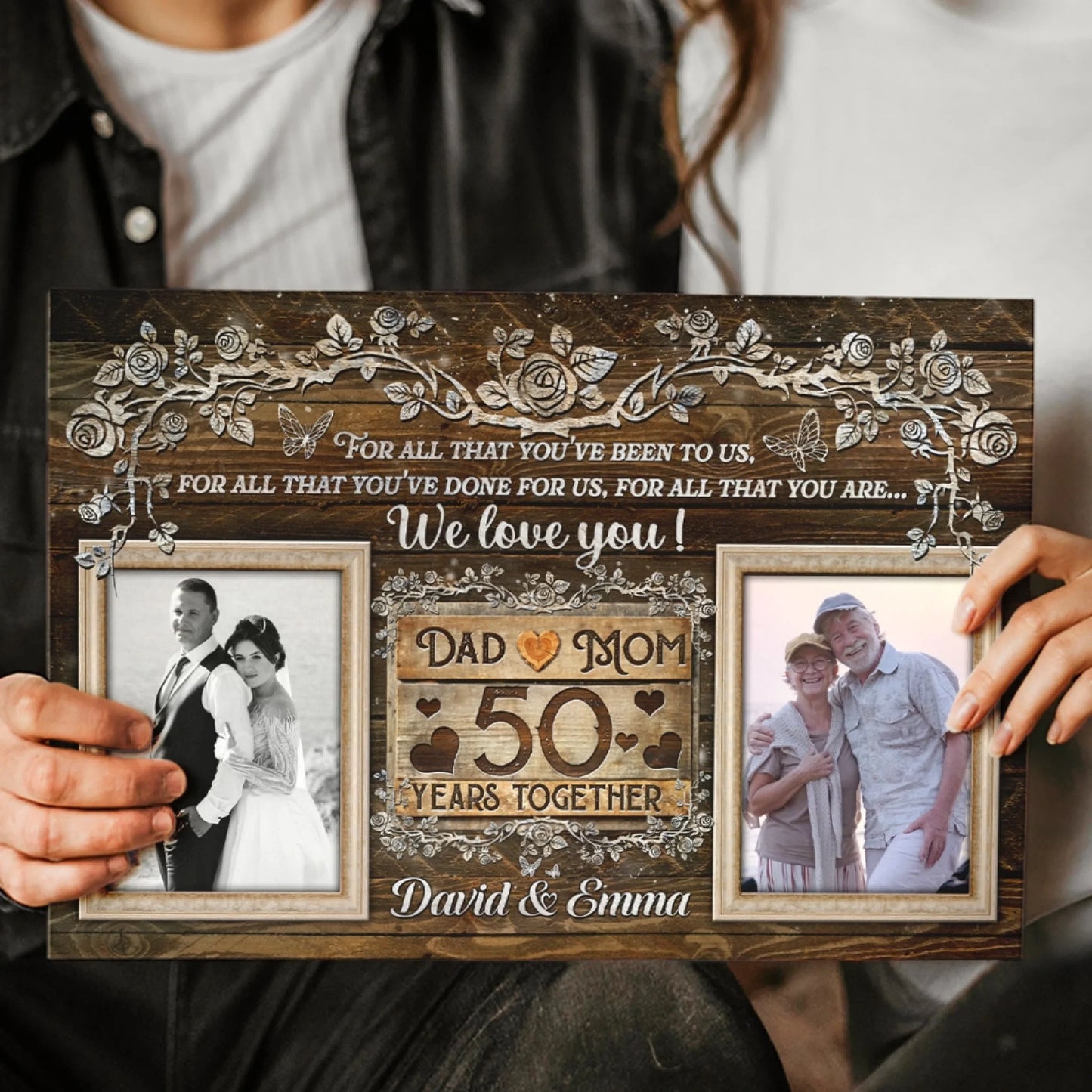 Golden anniversary canvas with custom couple photos, rustic wood design, and 50 years together commemorative text.