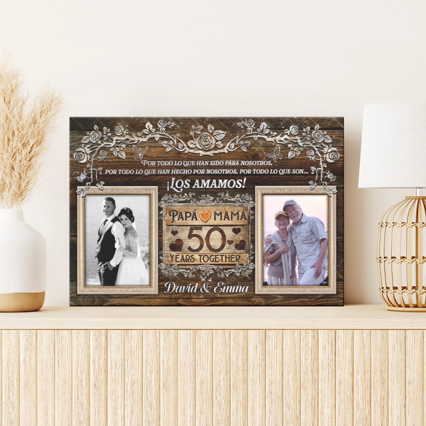 A custom 50th anniversary wall art canvas with rustic wood texture, elegant floral frame, and two personal photos.