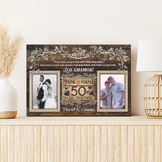 A custom 50th anniversary wall art canvas with rustic wood texture, elegant floral frame, and two personal photos.