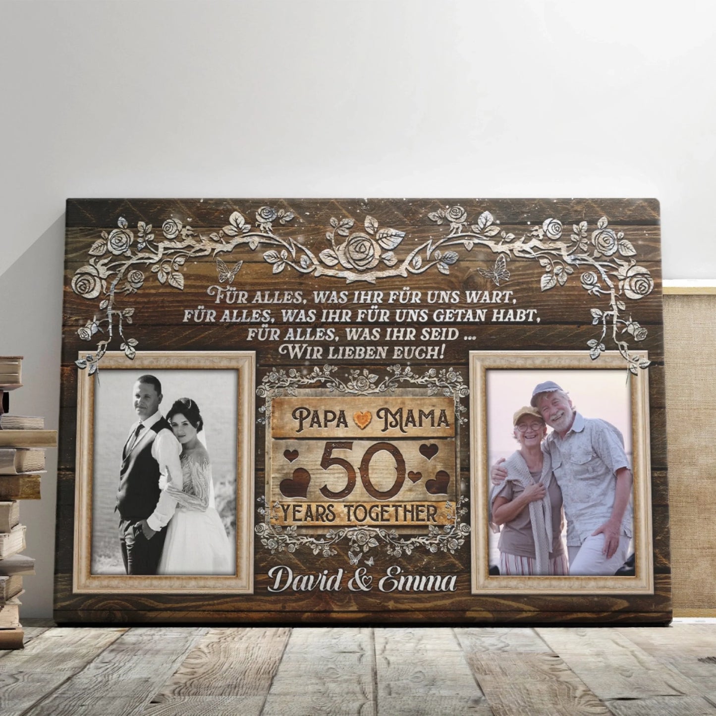 Custom 50th anniversary canvas featuring family photos and heartfelt German text for a 50 years together celebration.