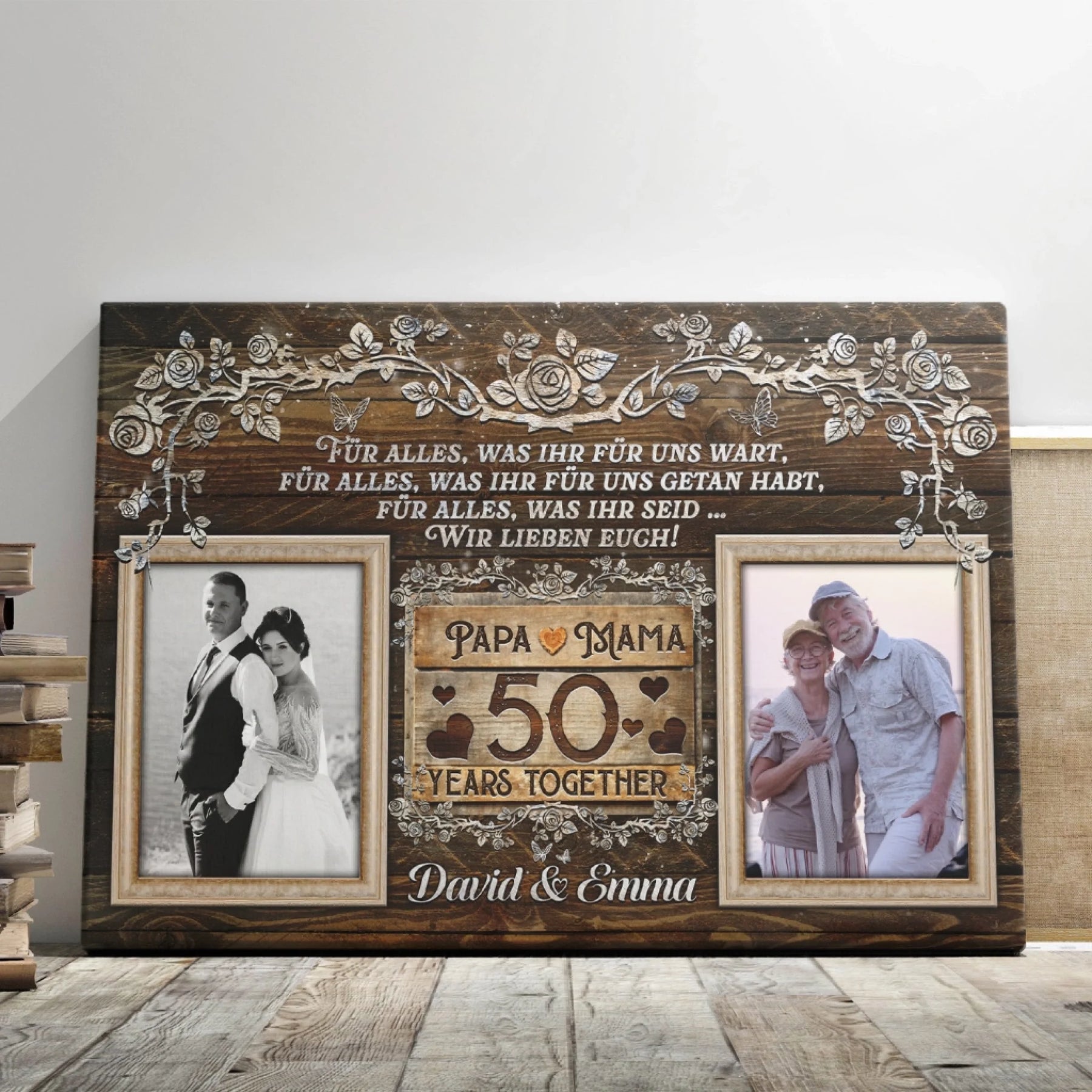 Custom 50th anniversary canvas featuring family photos and heartfelt German text for a 50 years together celebration.