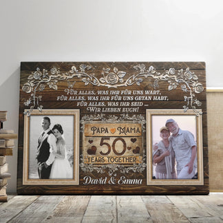 Custom 50th anniversary canvas featuring family photos and heartfelt German text for a 50 years together celebration.
