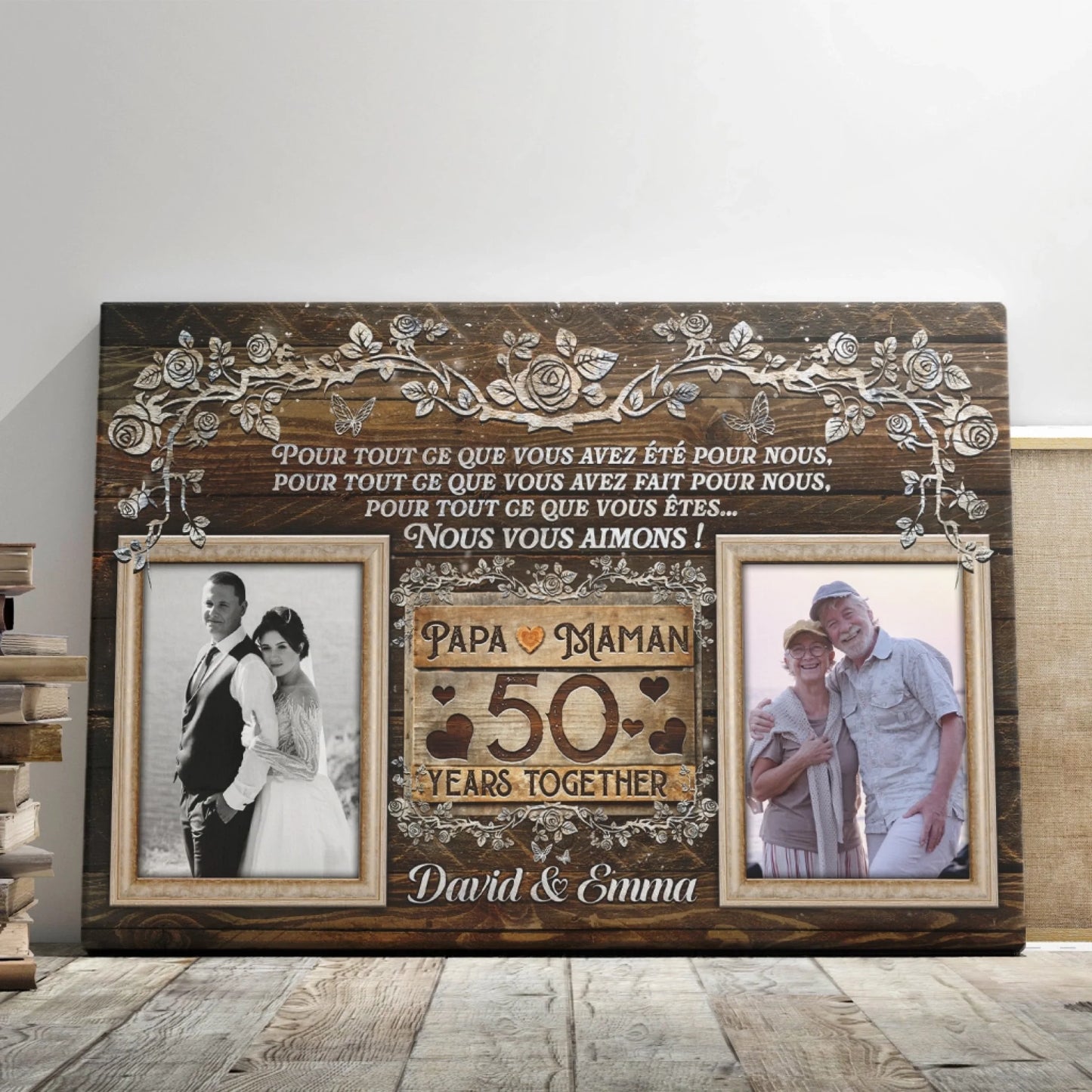 Custom 50th anniversary canvas gift for parents featuring two photos and personalized names David and Emma