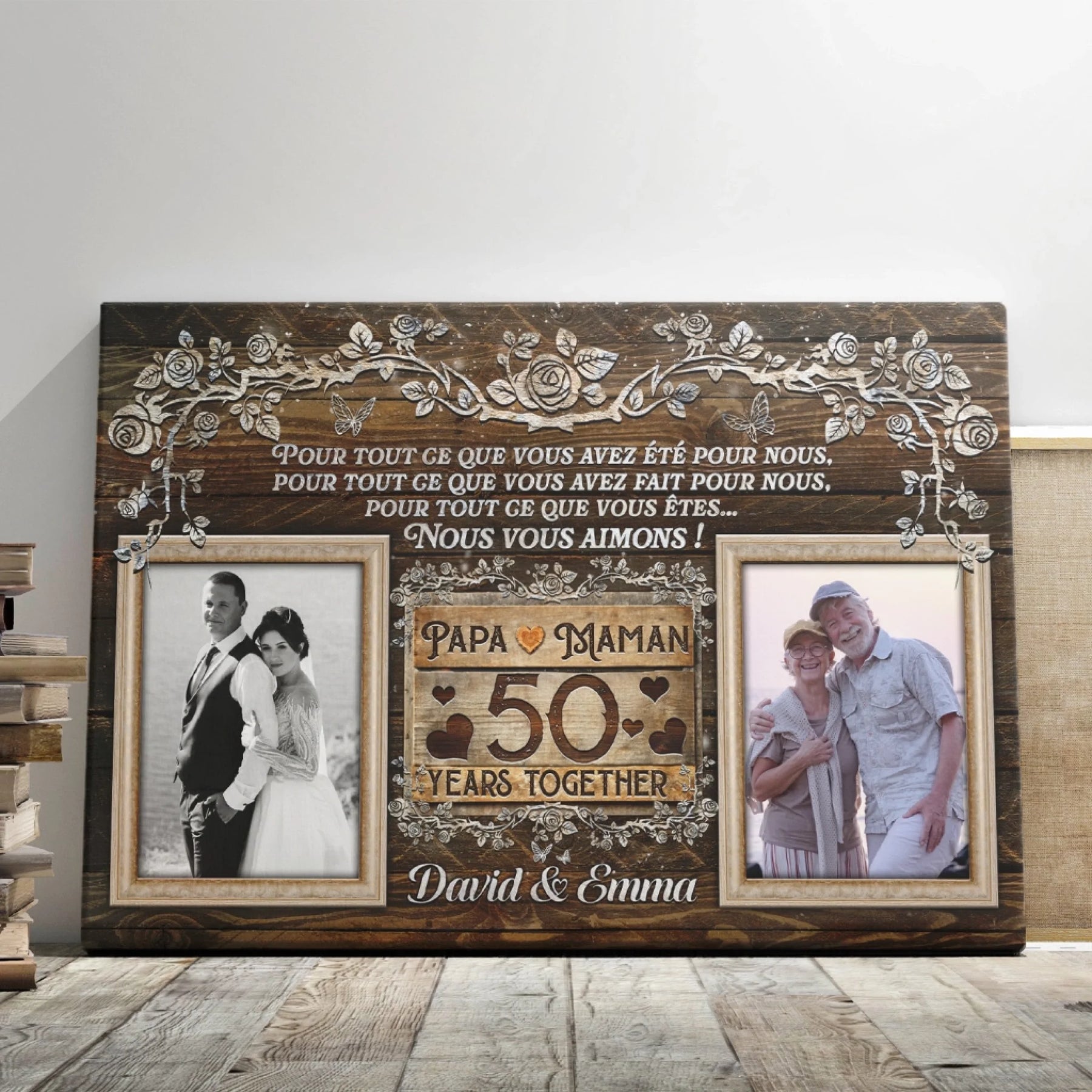 Custom 50th anniversary canvas gift for parents featuring two photos and personalized names David and Emma