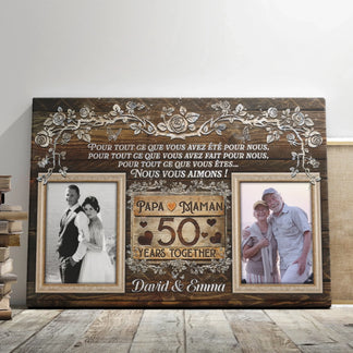 Custom 50th anniversary canvas gift for parents featuring two photos and personalized names David and Emma