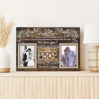 Custom 50th anniversary canvas gift featuring two photos, rustic wood design, and personalized names for mom and dad.