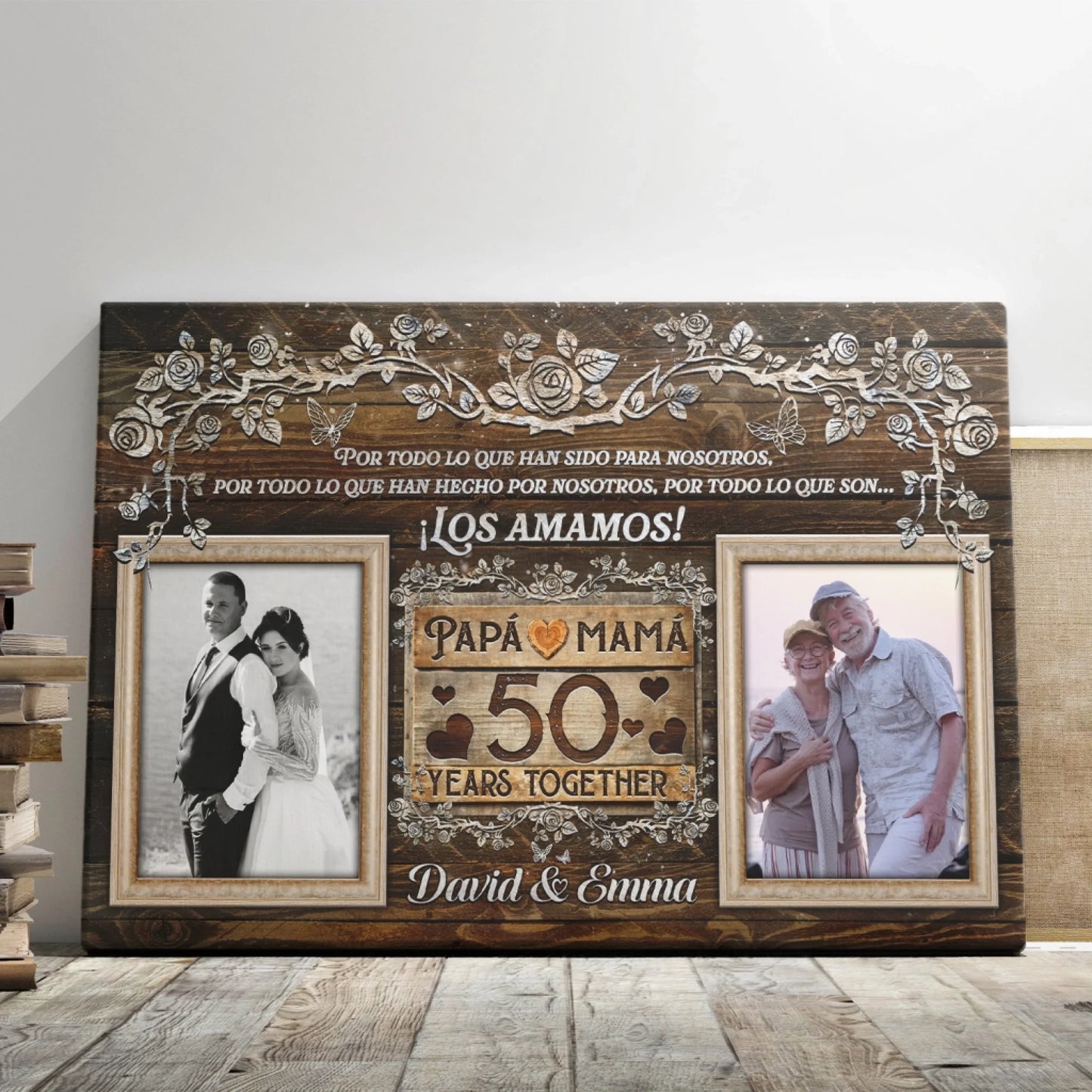 Custom 50th anniversary rustic wood canvas for parents with two photos, heart, and heartfelt Spanish anniversary message.