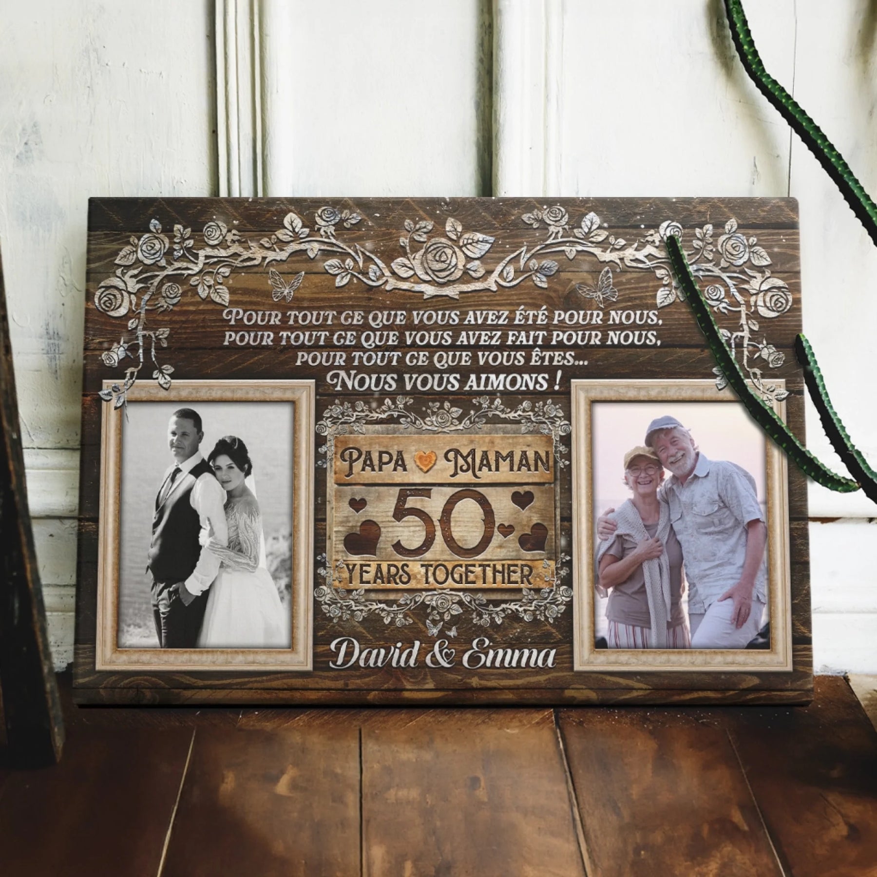 Rustic 50th anniversary photo canvas with floral details and custom names for a golden wedding celebration