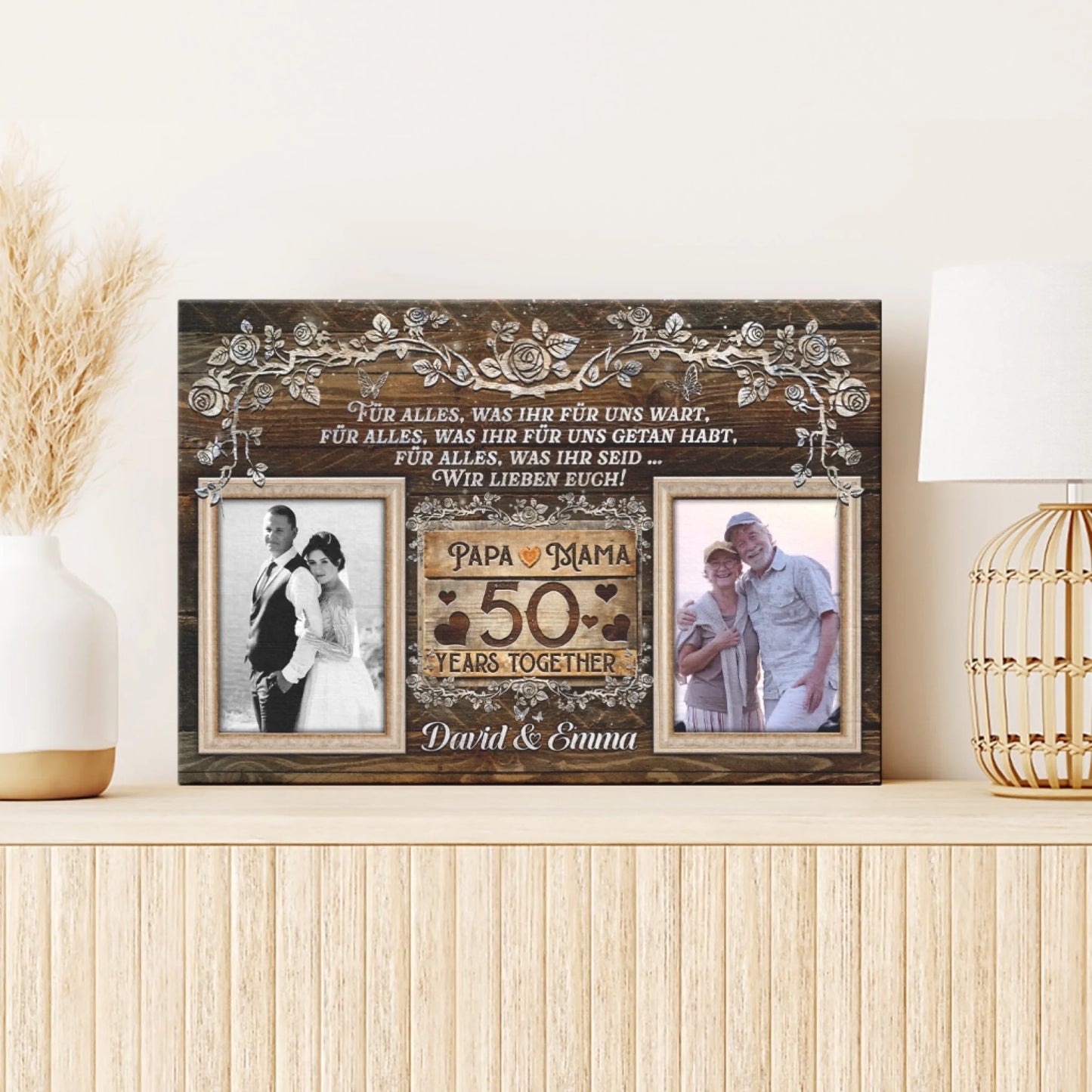 Decorative 50th wedding anniversary canvas with photo collage and German quote shown on a wooden console table.
