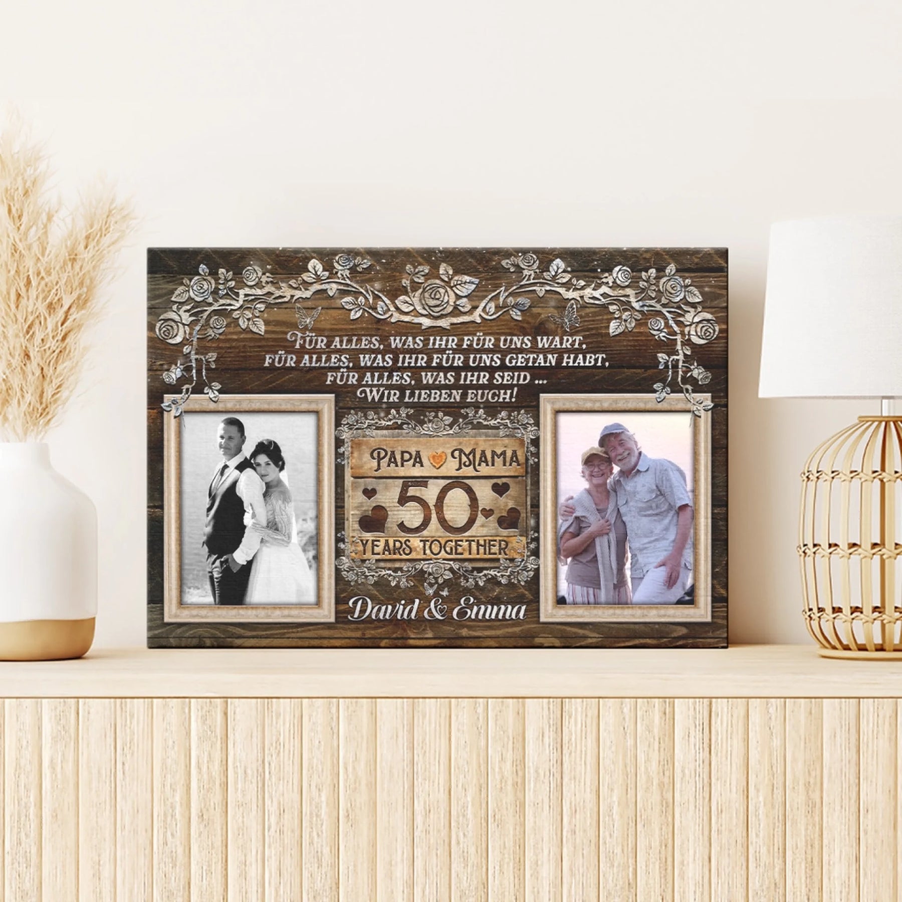 Decorative 50th wedding anniversary canvas with photo collage and German quote shown on a wooden console table.