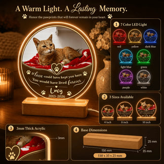 Overview of a custom cat memorial LED light showing color options, size dimensions, and material details for a personalized gift.