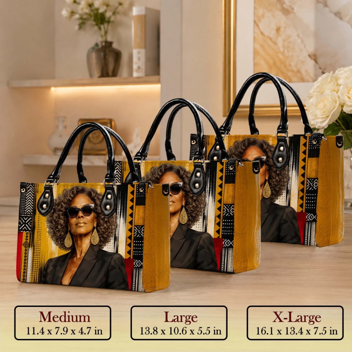 Set of three stylish pu leather handbags showing various sizes from medium to xl with a unique african art design.